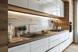 Ανακαίνιση κουζίνας Εύοσμος – Μοντέρνα και φωτεινή Ανοιχτόχρωμη κουζίνα με ξύλινο πάτωμα, Εύοσμος