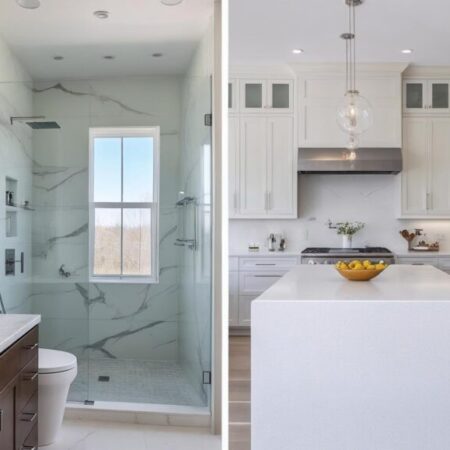 merge two photos, one showing a renovated bath an done showing a renovated kitchen